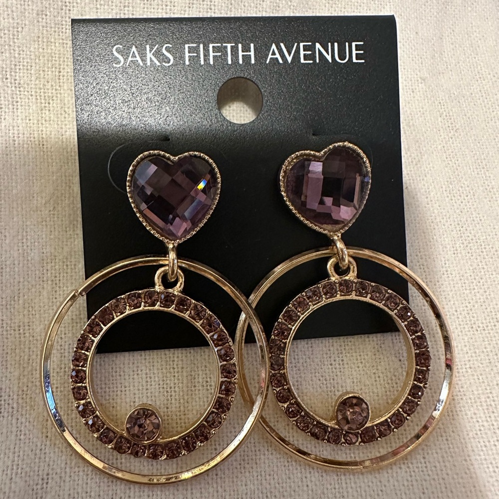 New never worn… Saks Fifth Avenue Purple and Gold Heart Earrings